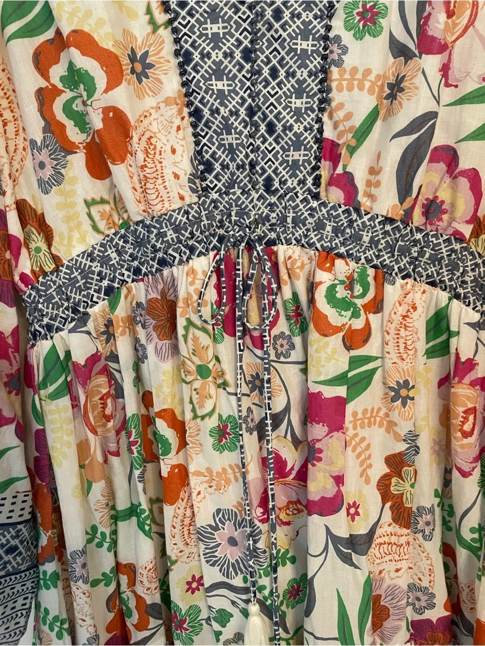 Kaktus Boho Floral Tiered Womens Dress with Blue Trim Size M V Neck Cottagecore - Picture 5 of 12